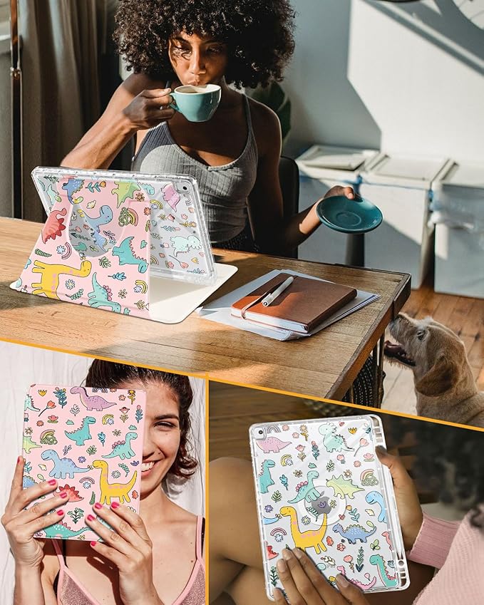 Shorogyt for iPad 9th/8th/7th Generation 10.2 Inch Case Magnetic Stand for Women - Cute Design 360 Degree Rotating Covers Girls Kids Boys with Pencil Holder for Apple i Pad 9/8/7 Gen,Dinosaur