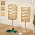 Bedside Lamps Set of 2 with Bulb, Touch Control Nightstand Lamp for Bedroom with Rattan & Linen Shade, 3 Way Dimmable Small Boho Table Lamps with USB Charging Port & Phone Stand