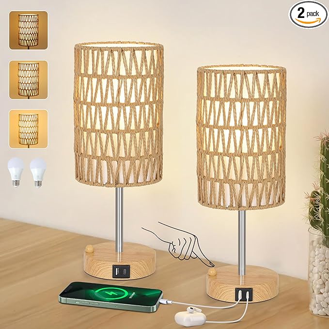 Bedside Lamps Set of 2 with Bulb, Touch Control Nightstand Lamp for Bedroom with Rattan & Linen Shade, 3 Way Dimmable Small Boho Table Lamps with USB Charging Port & Phone Stand