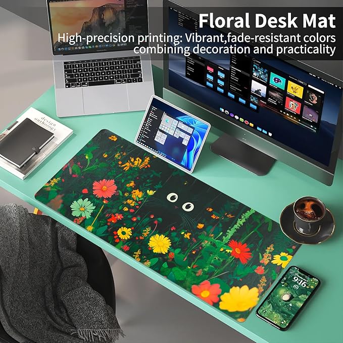 Bloss Green Mouse Pad, Clearance Overstock Limited Stock Discontinued Size Large Floral Plants Desk Pads for Desktop, Cute Black Carton Cat Leather Desk Mat, Computer Laptop Desk Mat,31.5"x15.7"