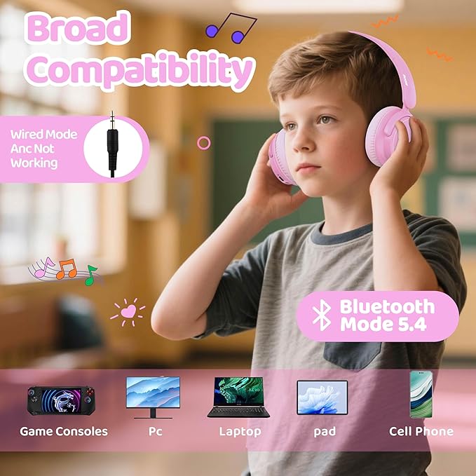 MIDOLA Active Noise Cancelling Kids Bluetooth Headphones,68H Play Time,Lightweight Wireless Foldable Over-Ear Headphone for Kid Toddler,Volume Limited 85/94dB,Headsets with Built-in Mic Pink
