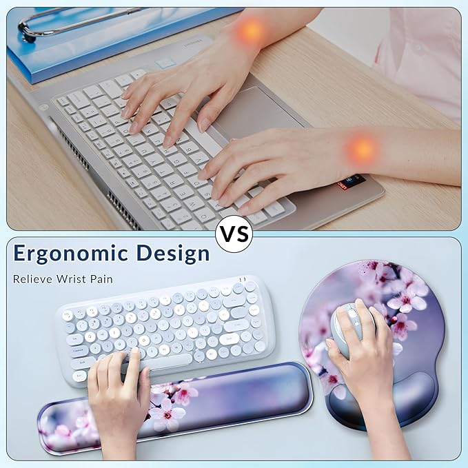 Desk Mat Set + Keyboard and Mouse Pad with Wrist Rest Support,4-in-1 Large Mousepad Computer Mats for Desktop Home & Office-Cherry Bloosom