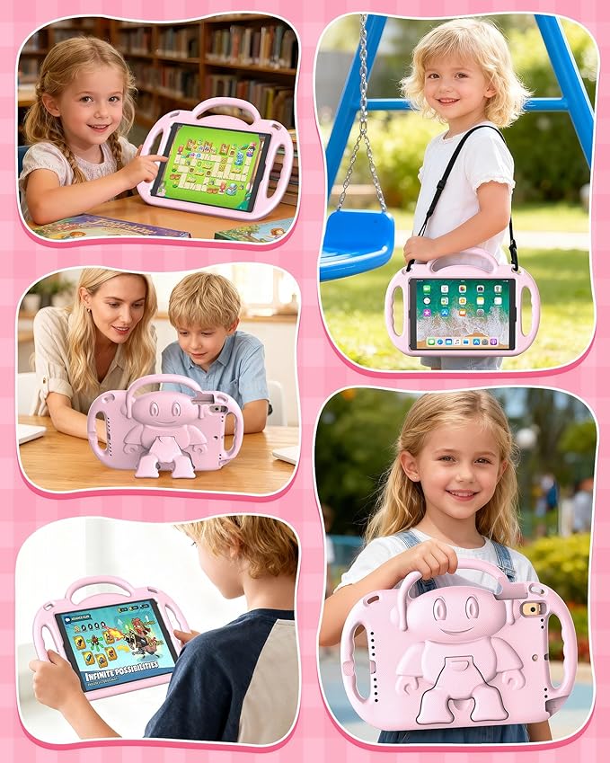 Kids Case for iPad 5th/6th Generation (9.7 inch, 2017/2018) & iPad Air 1/2 9.7" & Pro 9.7, Durable Shockproof Lightweight Kids Cover with Shoulder Strap/Handle/Kickstand, Light Pink