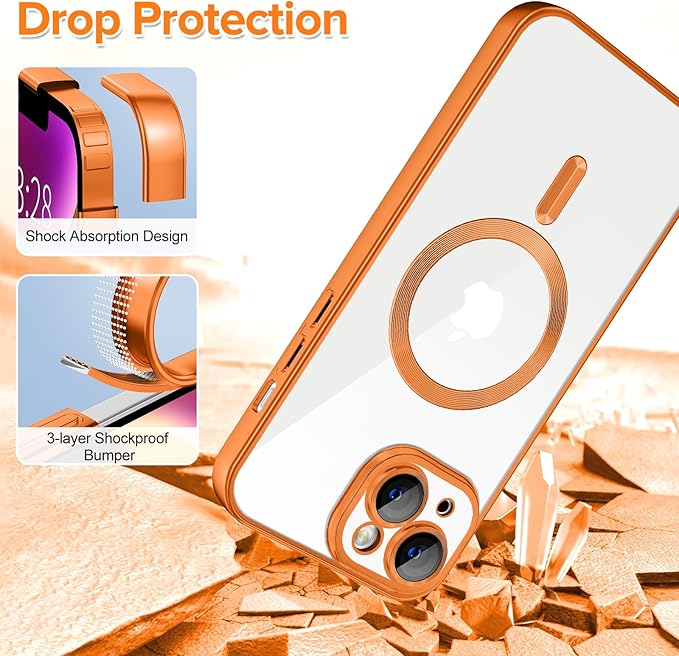 Hython Magnetic Clear for iPhone 14 Plus Case with Camera Lens Protector [Compatible with MagSafe] Luxury Plating Edge Slim Soft TPU Cover Protective Phone Case for iPhone 14 Plus 6.7", Matte Orange
