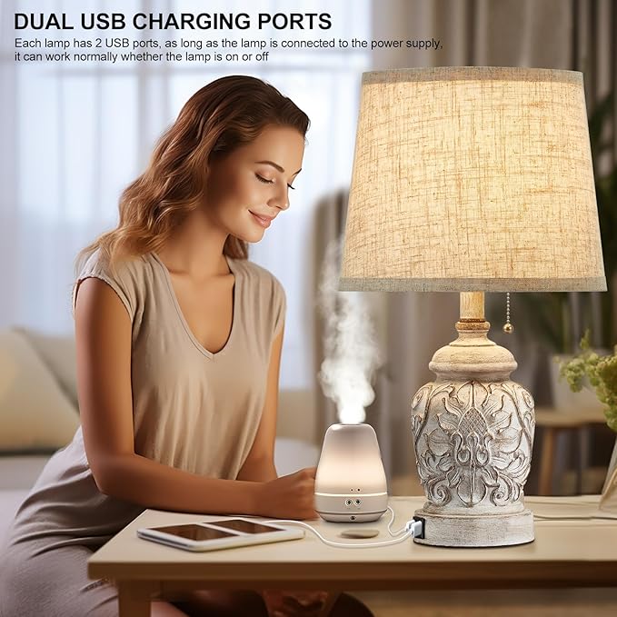 19.5" Vintage Rustic Table Lamp Set of 2 Farmhouse Table Lamps for Living Room Bedroom Decor with USB Ports Traditional Carved Floral White Bedside Night Light Lamps with Pull Chain Switch