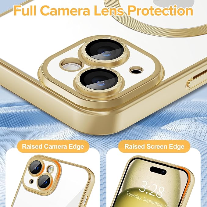 Hython Magnetic Clear for iPhone 15 Case with Camera Lens Protector [Compatible with MagSafe] Luxury Plating Edge Slim Soft TPU Cover Protective Phone Case for iPhone 15 6.1", Matte Gold