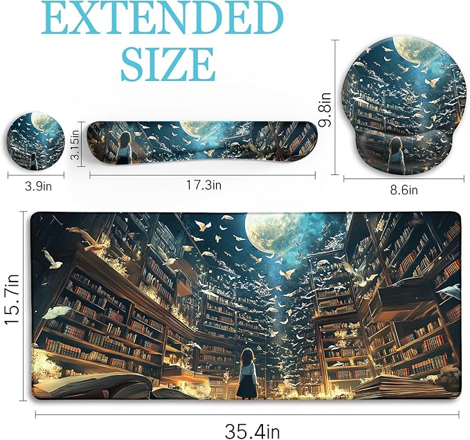 LIMKRIAN Anime Book Mouse Pad Set Large Desk Matt for Desktop, Ergonomic Mouse Pad with Wrist Rest, Gaming Mousepad Wrist Support Keyboard Mat Cup Coaster Set Cute Desk Accessories for Women Girl