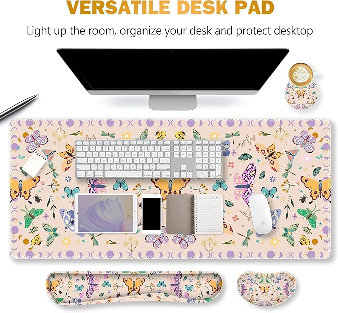 ARTSO Desk Mat Set, Apricot Extended Gaming Mouse Pad with Wrist Rest Support +Keyboard Wrist Rest +Coaster, Large Cute Butterfly Mousepad, Easy Typing and Pain Relief