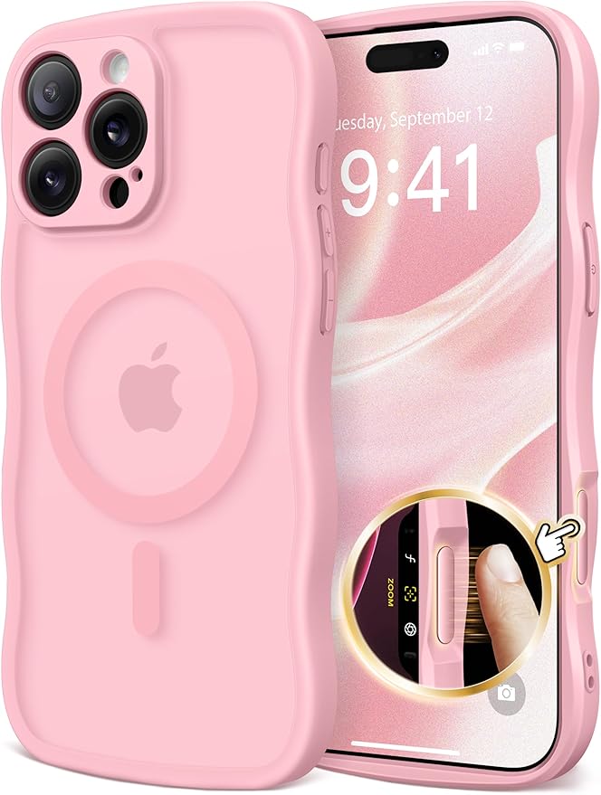CAPRARO for iPhone 16 Pro Max Case for Women Girls, Upgraded [Full Camera Protection] [Compatible with MagSafe] Cute Wave Translucent Matte Phone Case for iPhone 16 Pro Max, Peach Pink