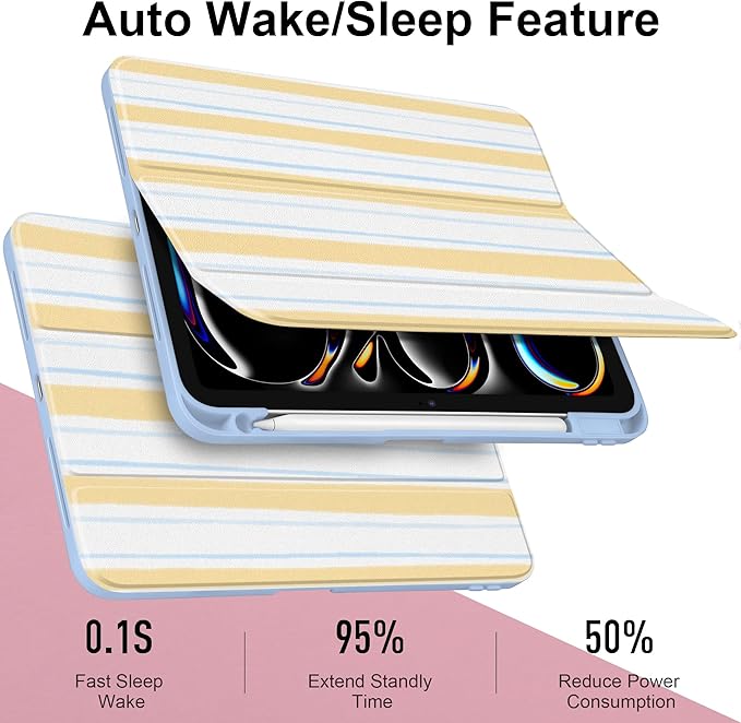 Case for iPad Pro 11 Inch (M5 2025 M4 2024) – [Built-in Pencil Holder], Shockproof & Stylish, Clear Hard Back + Soft TPU Edge, Magnetic Trifold Stand, Auto Wake/Sleep, Watercolor Stripes