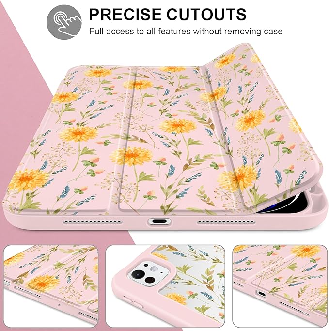 Case for iPad Pro 13 Inch (M5 2025 M4 2024) – [Built-in Pencil Holder], Shockproof & Stylish, Clear Hard Back + Soft TPU Edge, Magnetic Trifold Stand, Auto Wake/Sleep, Yellow Floral