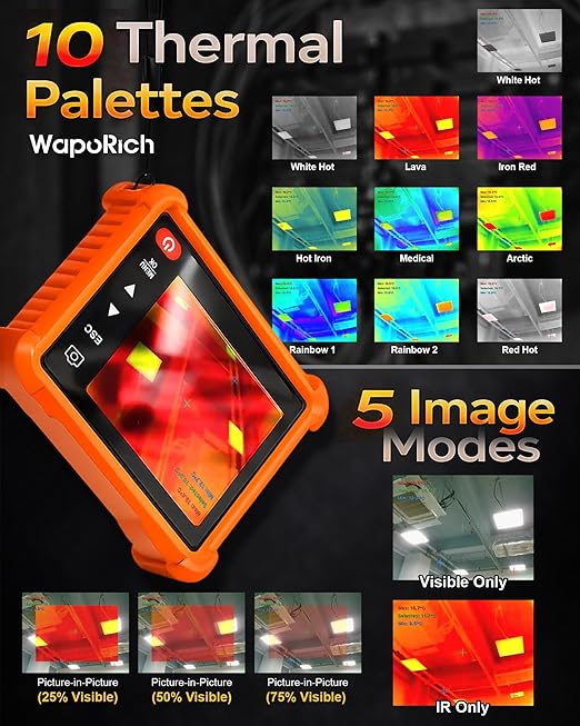 Compact Thermal Imaging Camera 256x192 IR Resolution, WapoRich Mini Thermal Imager with Visual Camera, -4°F to 1022°F, 25Hz – RQ-953A Infrared Cameras for HVAC, Home Inspection, Water/Air Leak