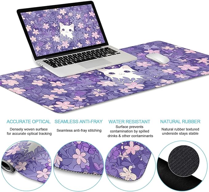 LIMKRIAN Purple Mouse Pad Large Desk Mat Set, Kawaii Cat Computer Mouse Pad with Wrist Rest Keyboard Wrist Support XXL Mousepad Cup Coaster Set, Cute Purple Office Desk Accessories Cat Decor Supplies