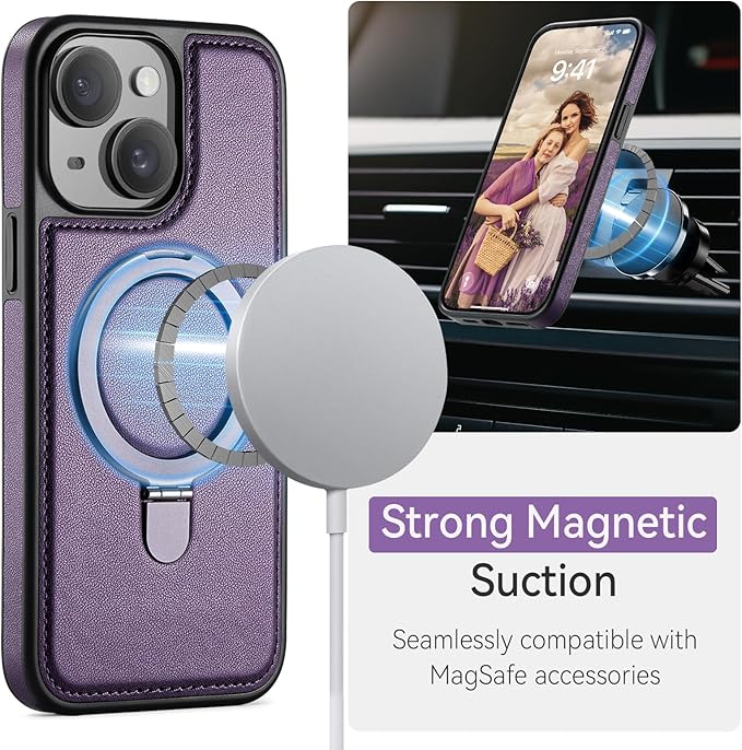 for iPhone 15 Plus Case with Stand, Compatible with MagSafe, Slim PU Leather & Durable TPU Protective Magnetic Kickstand Cover Drop-Proof with Tempered Glass Screen Protector 6.7", Purple