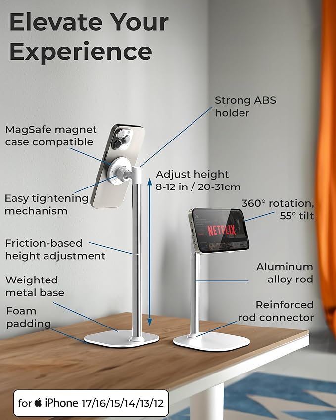 COOPER MagStand, Adjustable Magnetic iPhone Stand for Desk & Phone Holder for Video Recording, Compatible with MagSafe, Stand for iPhone 17 Pro Max, 16/15/14/13/12, Small Mag Safe Tripod (White)