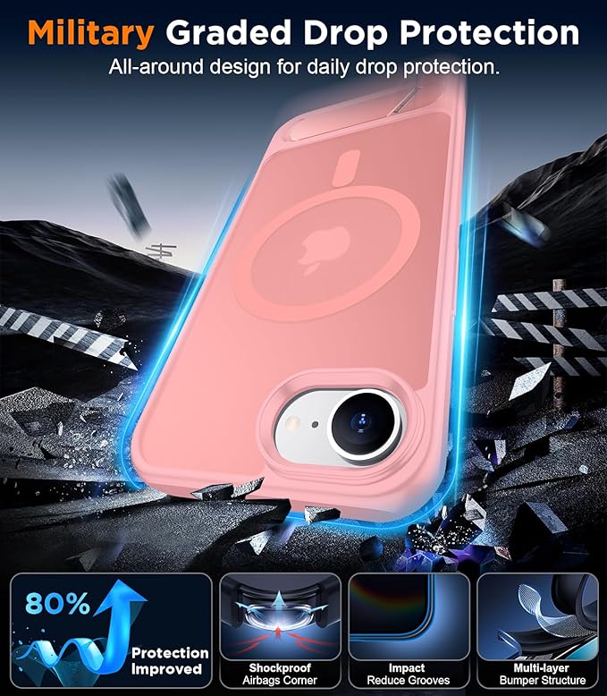 Magnetic Compatible with iPhone 16E Case, [Built-in Invisible Kickstand][Compatible with MagSafe][Military Grade Shockproof] Slim Translucent Matte Case for iPhone 16E 6.1" 2025
