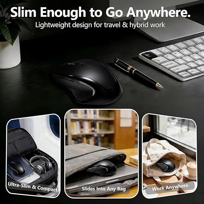 Wireless Bluetooth Mouse for Mac & iPad, Ergonomic Rechargeable Mouse with Built-in Jiggler Mode, Dual USB-C & USB-A Receiver, Quiet Optical Mouse for Laptop, Desktop & Tablet – Black