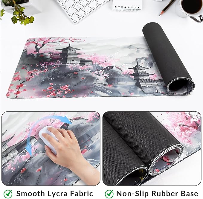 Large Gaming Mouse Pad with Coaster, Desk Matt for Desktop, Desk Pad, Mouse Pads Mat, Stitched Edges Big Extended Mousepad for Computer Keyboard Laptop Office Decor, 31.5'' x15.6''-Japanese Anime