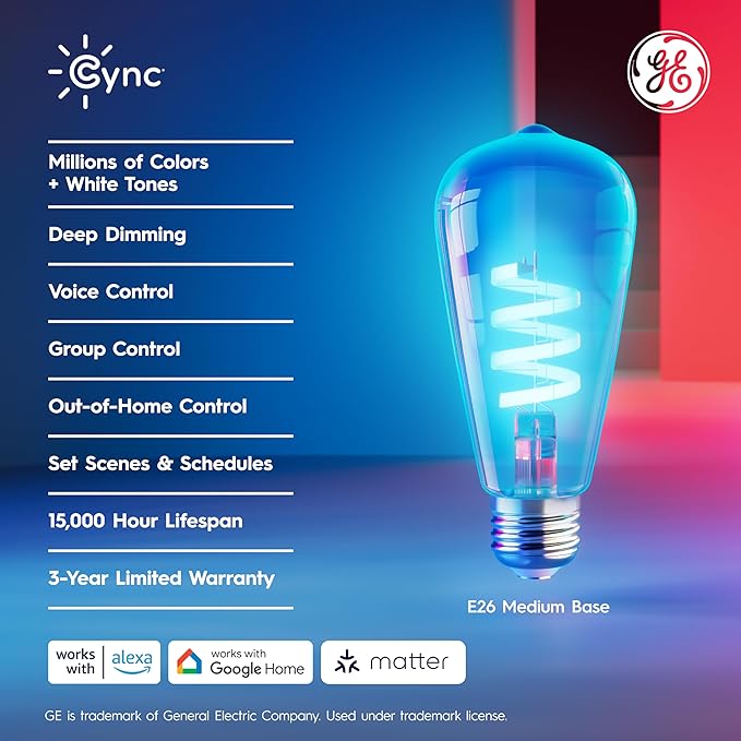 Cync GE Smart LED Light Bulb, ST19 Edison Style, Room Decor Aesthetic, Color Changing WiFi Light, 60W Equivalent, Compatible with Alexa and Google Home (Pack of 2)