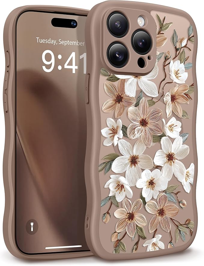 GVIEWIN for iPhone 15 Pro Max Case Compatible with MagSafe [Curly Wave Edge][Full Camera Protection] Floral Translucent Shockproof Magnetic Women Phone Case for 15 Pro Max 6.7'', Dogwood/Brown