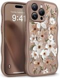 GVIEWIN for iPhone 15 Pro Case Compatible with MagSafe [Curly Wave Edge][Full Camera Protection] Floral Translucent Shockproof Magnetic Women Phone Case for iPhone 15 Pro 6.1'', Dogwood/Brown