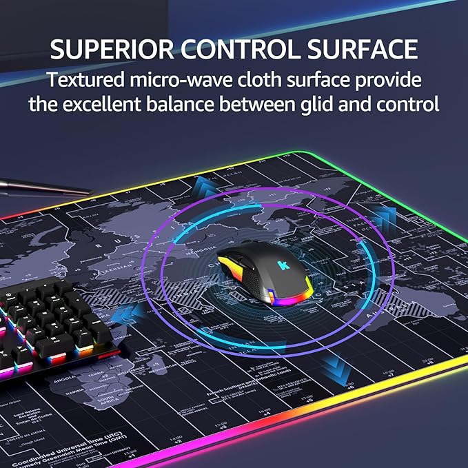 KTRIO RGB Large Gaming Mouse Pad Desk Mat, Superior Micro-Weave Cloth, Non-Slip Rubber Base, Stitched Edges, Water-Resistant, for Gamer, Office & Home, 31.5 x 15.7 in, RGB World Map
