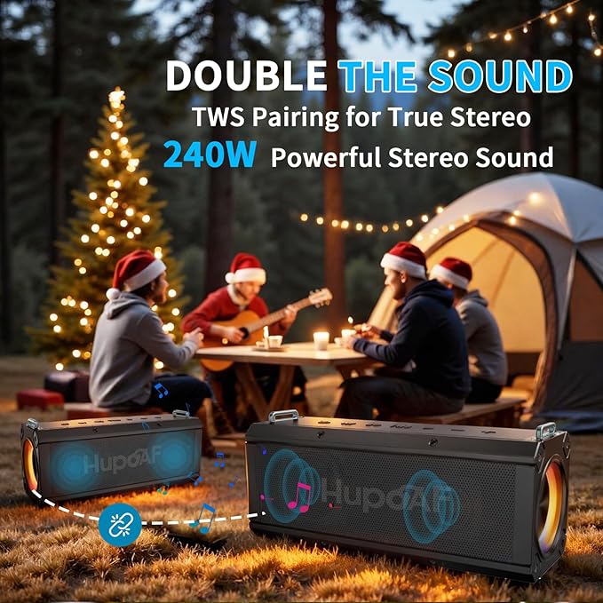 Hupoaf Speaker Bluetooth Wireless, 120W(Peak) Loud Outdoor Speaker with Deep Bass, IPX7 Waterproof, 20000mAh Power Bank/TWS/Portable Strap/EQ/Lightshow, Portable Speaker for Party/Camping/Beach/Garage