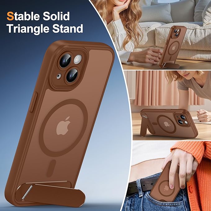 Magnetic Compatible with iPhone 15 Case, [Built-in Invisible Kickstand][Compatible with MagSafe][Full Camera Protection] Translucent Matte Phone Case for iPhone 15 6.1" Brown