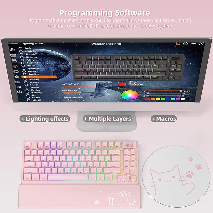 Womier 75% Pink Keyboard Wireless with Color Multimedia Screen, Creamy Mechanical Gaming Keyboard, 3-Modes Hot Swappable Cute Key Board w/Wrist Rest, Gasket RGB Custom for Mac/Win (SK80 PRO)