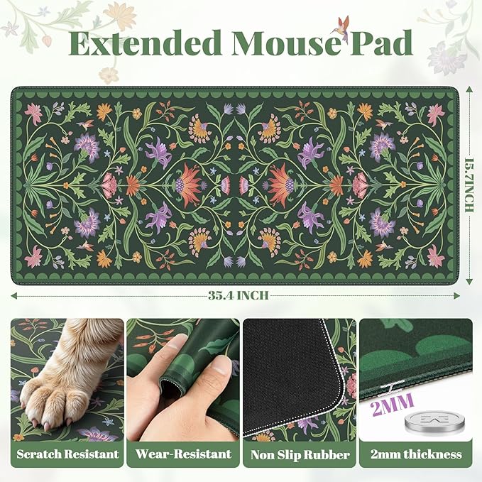 iLeadon Desk Mat for Keyboard and Mouse, Large Floral Computer Cover Mats with Smooth Lycra Surface,Full Desk Mouse Pad for Laptop,Keyboard Mat for Office,Home, Dark Green