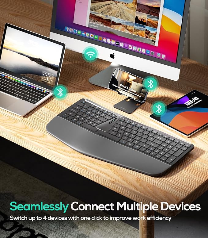Nulea RT07B Wireless Ergonomic Keyboard - Split Keyboard, Wrist Rest, Natural Typing, Bluetooth and USB Connectivity, USB-C Rechargeable,Compatible with Windows Mac (Silver White)