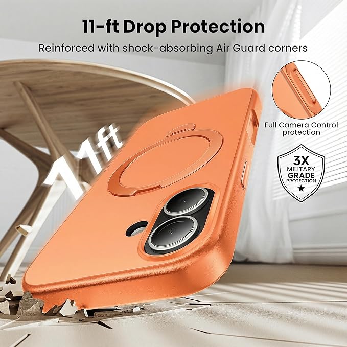 360°Ring Stand for iPhone 17 Case, Compatible with MagSafe, Military-Grade Protective,Anti-Yellowing, Scratch-Resistant Back Cover Phone Case for iPhone 17 6.3", Orange