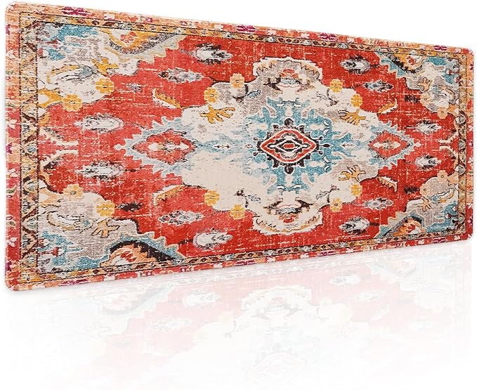 Vintage Rug Mouse Pad XL Red Orange Retro Carpet Aesthetic Extended Table Mat 80X30 cm Non-Slip Rubber Base Stitched Edge Large XL Mousepad for Desk Gaming Laptop Desk Top,31.5×11.8 Inch