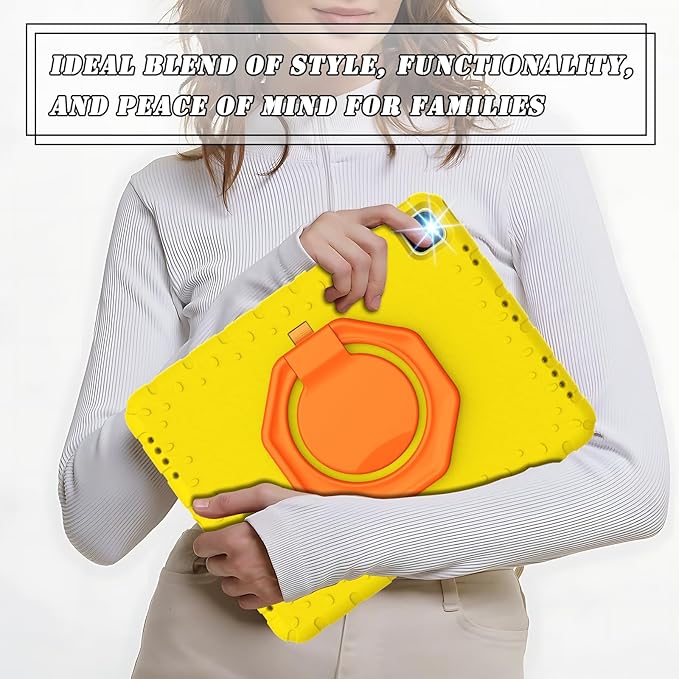for iPad Pro 12.9 Case 3rd 4th 5th 6th Generation with Pencil Holder & 360° Rotating Handle Stand, New Cute Rugged Cover for iPad Pro 12.9 inch 2022/2021/2020/2018 - Yellow