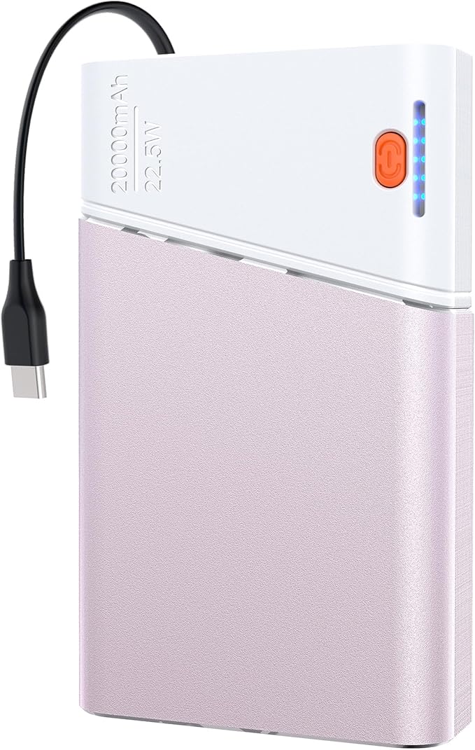 Aaoyun Portable Charger Power Bank, 20000mAh 22.5W PD Fast Charging Powerbank with Built-in USB C Cable, External Phone Battery Pack for iPhone 17/16/15 Samsung S24 Android etc, Pink