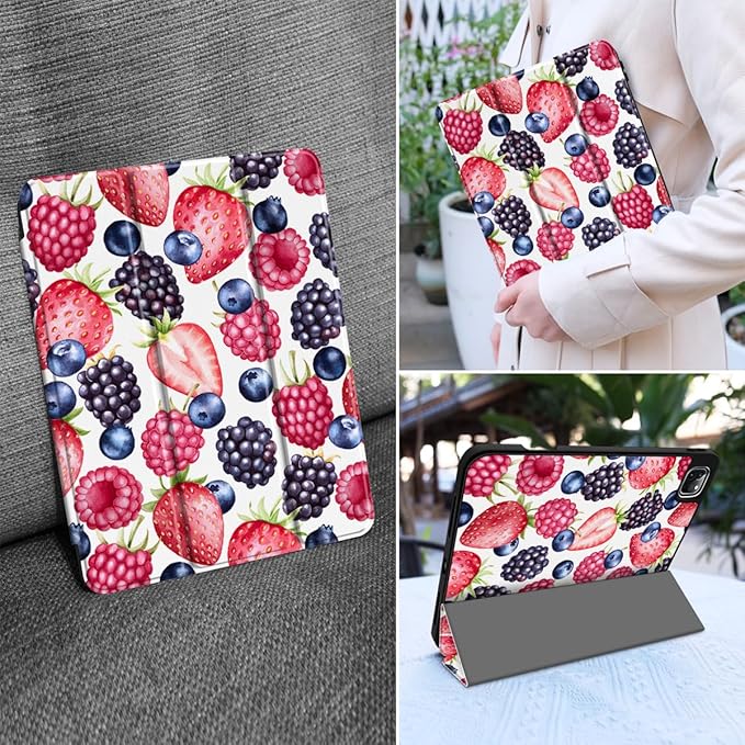 MEEgoodo for iPad Pro 12.9 Case M2 6th/5th/4th/3rd Generation 2022 2021 2020 2018 with Pencil Holder, Tablet Cover with Soft TPU Back Shell, Fresh Berries Pattern