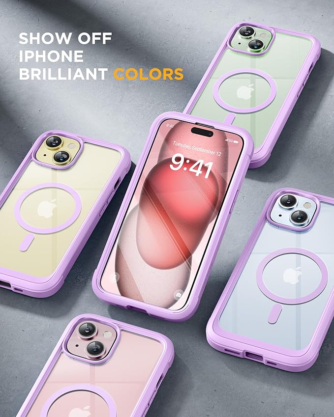 Miracase Magnetic for iPhone 15 Plus Case 6.7'' [Compatible with Magsafe] Full-Body Military Drop Proof 15 Plus Phone Case Cover with Built-in 9H Tempered Glass Screen Protector,Light Purple