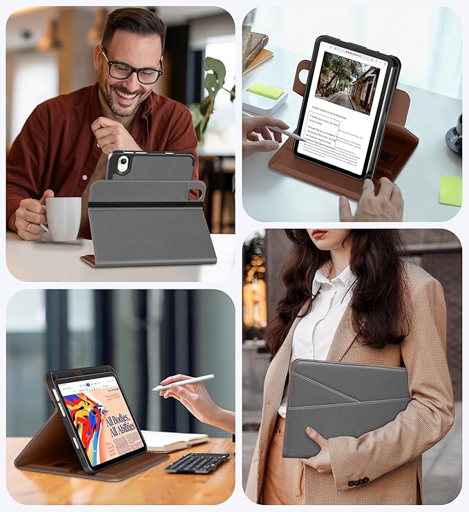 DTTO for iPad mini 7 (A17 Pro) Case, iPad mini 7th / 6th Generation Case (2024/2021), 360 Degree Rotating Premium Leather Folio Stand Cover with Pencil Holder, Grey