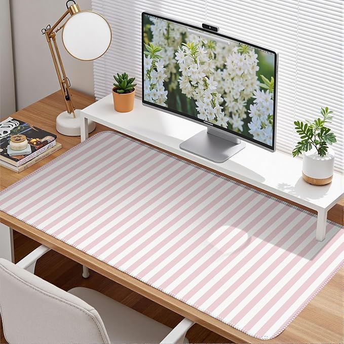 Pink Striped Desk Mat Cute Pastel Large Mouse Pad Kawaii Aesthetic Extended Mat for Home Office Desk Decor for Women Cozy Gaming Keyboard Pad 31.5 X 15.7