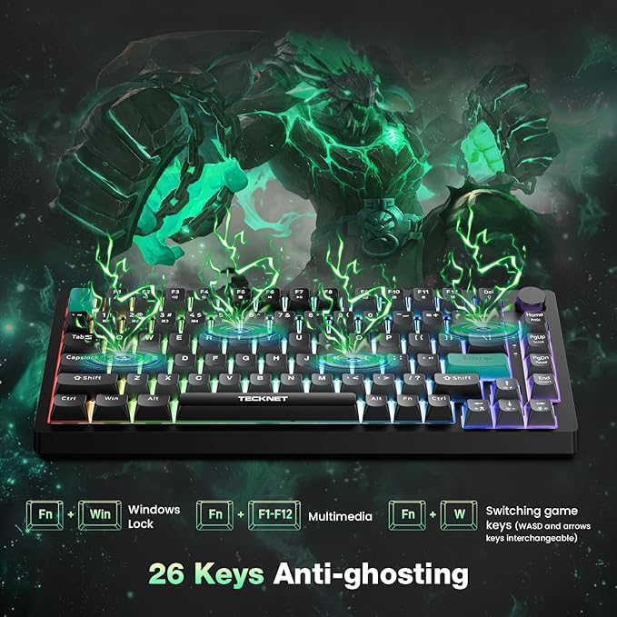 TECKNET Gaming Keyboard, 75% Wired Keyboard, RGB Backlit, 82-Keys with Volume Knob Control, 26 Keys Anti-ghosting, Whisper Quiet Gaming Switch Travel Friendly for Windows Laptop PC Mac-Grey
