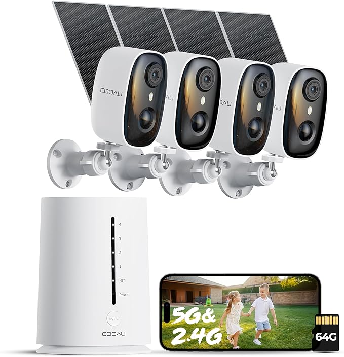 COOAU 4MP Security Cameras Wireless Outdoor, Faster Charging Solar Powered, Sharper-Image Outdoor Camera Wireless,No Subscription,PIR Detection,Surveillance System for Wide-Area Whole-House Coverage