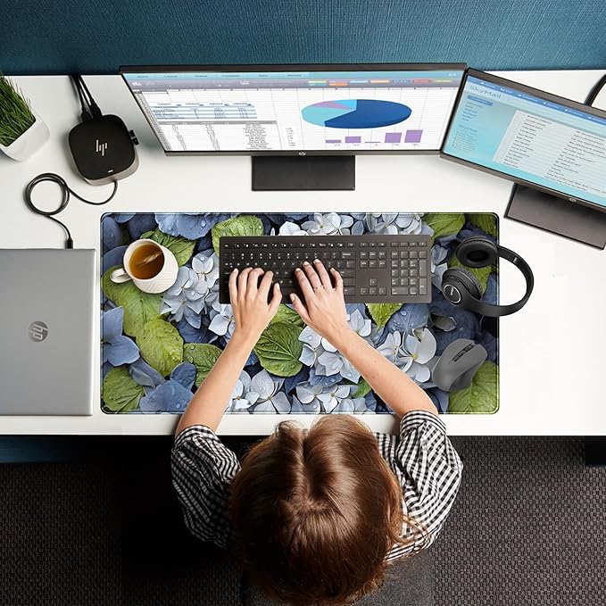 Large Desk Mat Hydrangea Floral Extended Gaming Mouse Pad, Keyboard Mouse Mat for Office & Home, Cottagecore Desk Pad XXL Computer Desktop Pad, Office Desk Accessories for Women 31.5×15.7 Inch