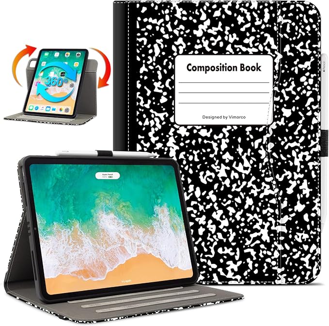 Vimorco for iPad Air M4/M3/M2 11 Inch Case 2026, for iPad Air 5th/4th Gen Cases, for iPad Pro 11 Inch Case 4th/3rd/2nd/1st Generation 360 Degree Rotating Pencil Holder 5 Viewing Angles, Black Notebook