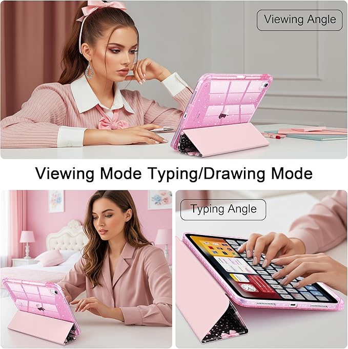 DONGKE for iPad Pro 11 inch Case – Fits M5 2025 / M4 2024, Shockproof Sparkling Glitter Acrylic Back, Pencil Holder, Trifold Stand, Auto Sleep/Wake & Touch ID Support - Pink Bows