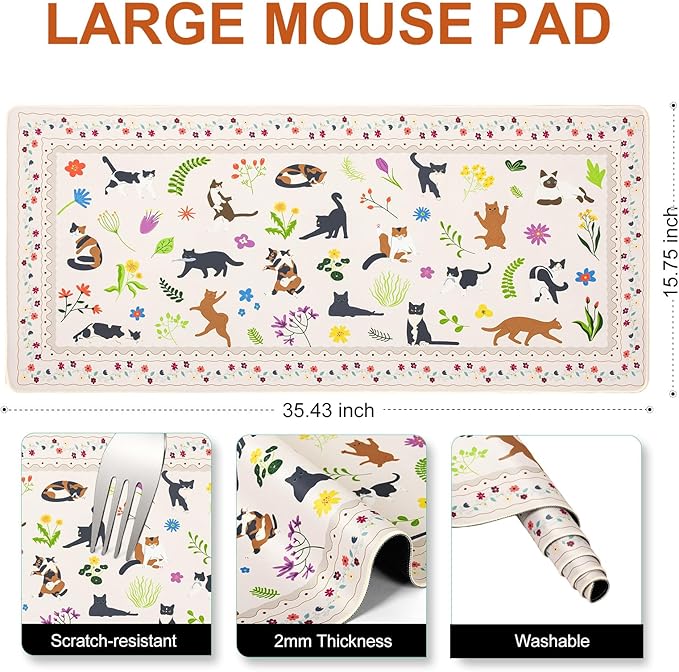 L-SPOUTTO Cute Cat Desk Mat for Keyboard and Mouse,XXL Large Mouse Pad Non-Slip Keyboard Pad Waterproof Desktop Mat for Laptop Computer Work Game Home Office-Cats