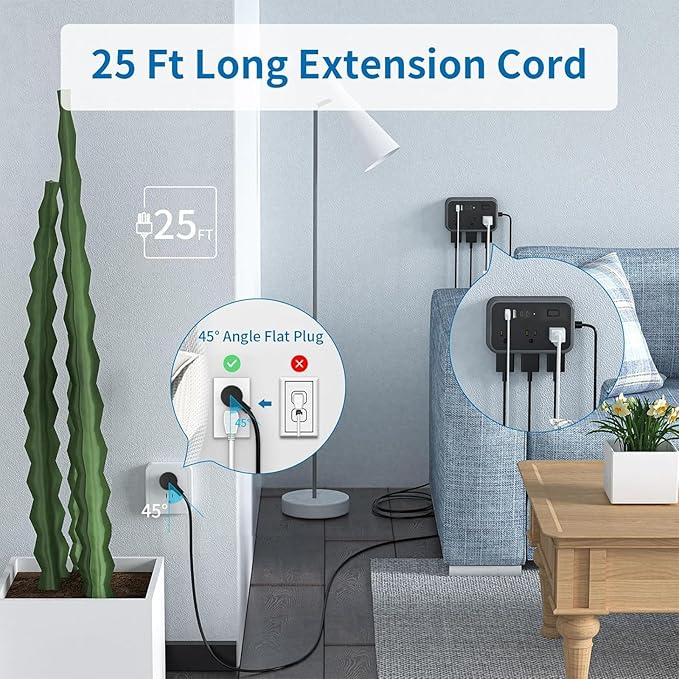 Extension Cord 25 Ft NTONPOWER Long Extension Cord with 6 Widely Spaced Outlet, Power Strip with 4 USB Port(2 USB-C), Wall Mount for Home Office, Dorm Room and Nightstand, Black