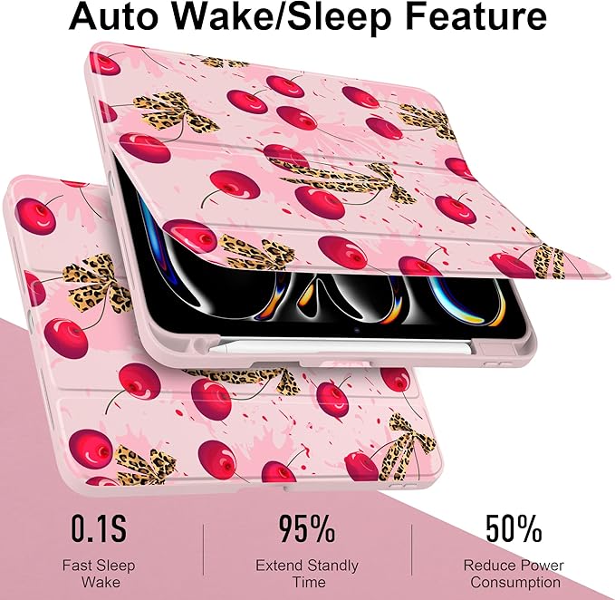 Case for iPad Pro 11 Inch (M5 2025 M4 2024) – [Built-in Pencil Holder], Shockproof & Stylish, Clear Hard Back + Soft TPU Edge, Magnetic Trifold Stand, Auto Wake/Sleep, Cherry & Leopard