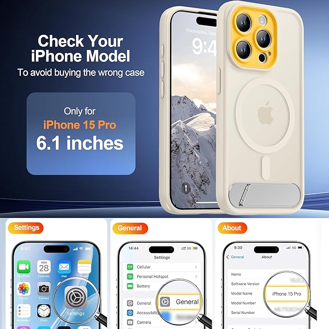 Magnetic Compatible with iPhone 15 Pro Case, [Built-in Kickstand][Full Camera Protection][Compatible with MagSafe][Anti-Fingerprint] Shockproof Phone Case for iPhone 15 Pro 6.1",Beige & Yellow