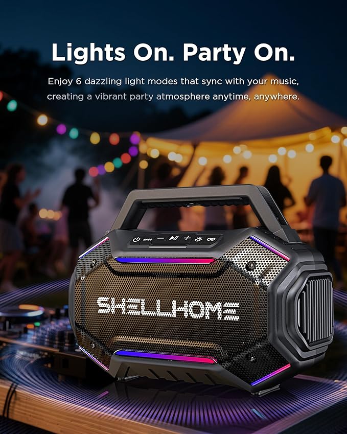 ShellHome Bluetooth Outdoor Speakers, 80W(Peak) Loud Wireless Speaker, 30H Playtime, RGB Lights, BassUp 2.0, IPX6 Waterproof, TWS, Bluetooth 6.0, Portable Boombox for Party, Pool, Beach (Pink)