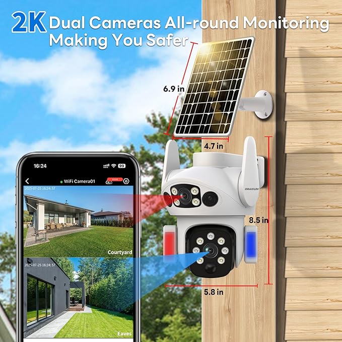 Solar Camera Outdoor Wireless, Dual Lens Security Camera for Home & Farm, Light Alarm & Color Night Vision, Outdoor Camera Two-Way Audio (1 Pack)